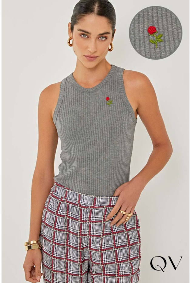 CAMISETA REGATA EM RIBANA DE VISCOSE MESCLA - LINDA DE MORRER