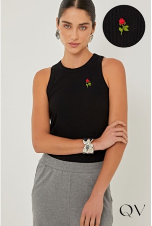 CAMISETA REGATA EM RIBANA DE VISCOSE PRETO - LINDA DE MORRER CAMISETA REGATA EM RIBANA DE VISCOSE PRETO - LINDA DE MORRER