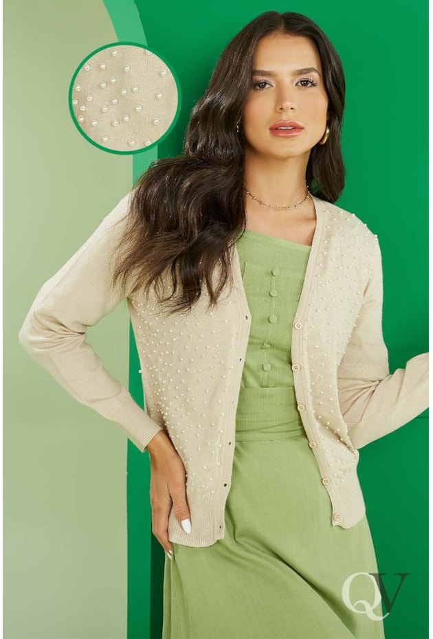CARDIGAN COM PÉROLAS BEGE - JANY PIM CARDIGAN COM PÉROLAS BEGE - JANY PIM
