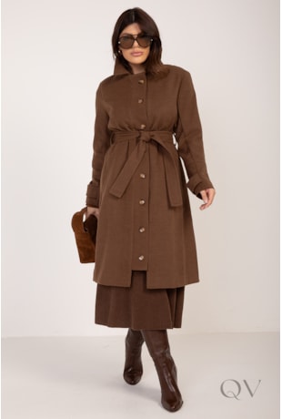 CASACO COM CINTO FAIXA EM LÃ BATIDA MARROM - LEKAZIS