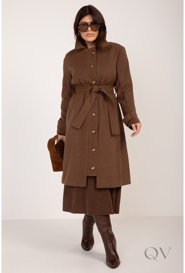 CASACO COM CINTO FAIXA EM LÃ BATIDA MARROM - LEKAZIS