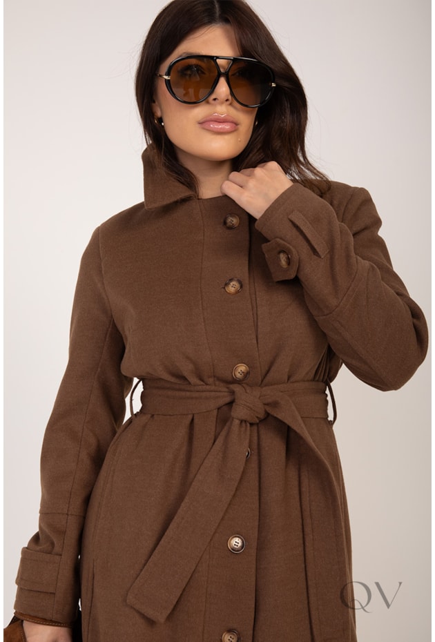 CASACO COM CINTO FAIXA EM LÃ BATIDA MARROM - LEKAZIS