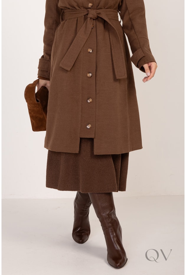 CASACO COM CINTO FAIXA EM LÃ BATIDA MARROM - LEKAZIS