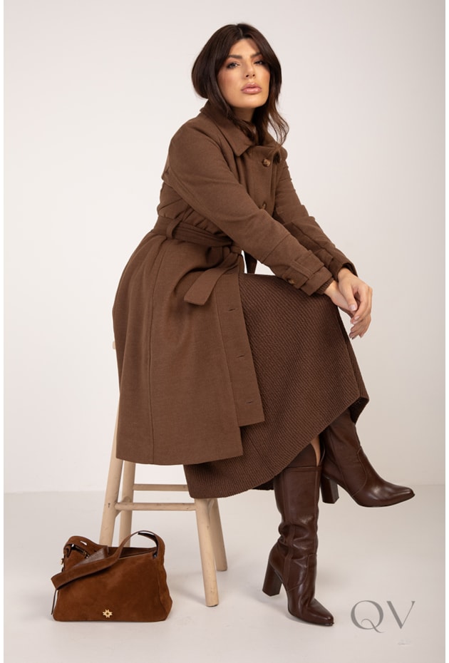 CASACO COM CINTO FAIXA EM LÃ BATIDA MARROM - LEKAZIS