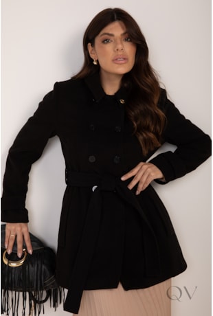 CASACO COM CINTO FAIXA EM LÃ BATIDA PRETO - LEKAZIS