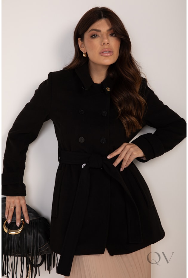 CASACO COM CINTO FAIXA EM LÃ BATIDA PRETO - LEKAZIS