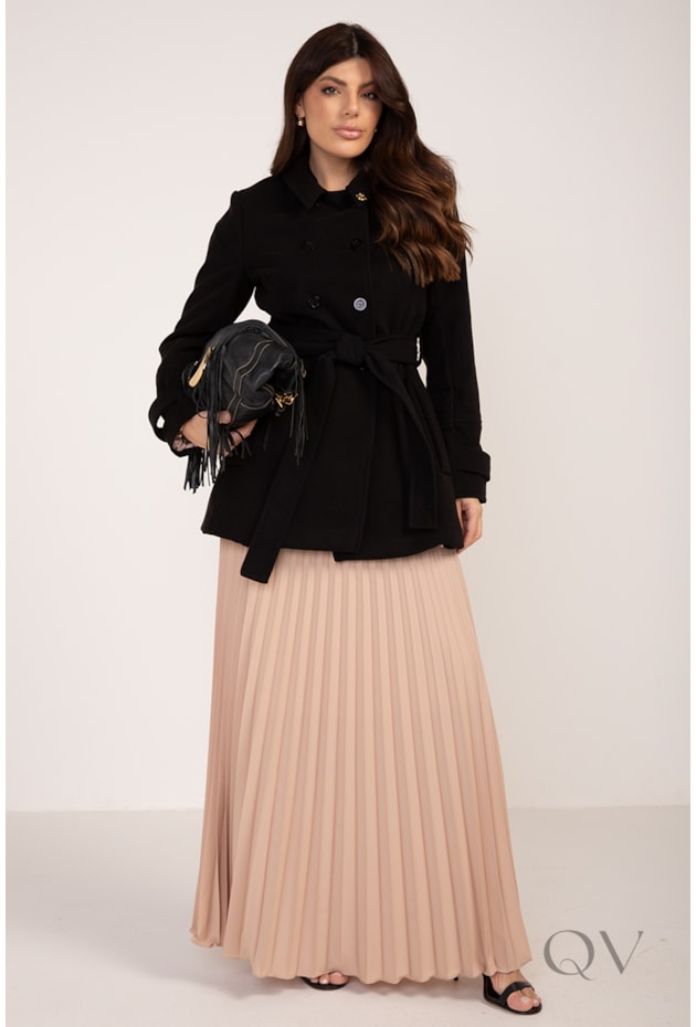 CASACO COM CINTO FAIXA EM LÃ BATIDA PRETO - LEKAZIS