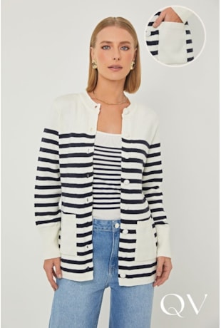 CASACO EM TRICOT LISTRADO OFF WHITE - LINDA DE MORRER