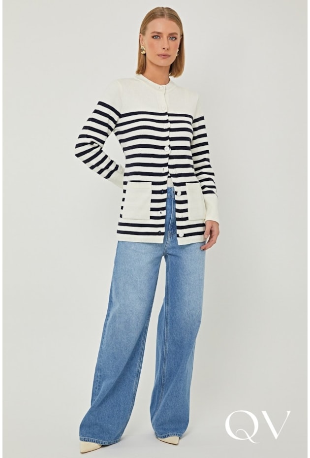 CASACO EM TRICOT LISTRADO OFF WHITE - LINDA DE MORRER