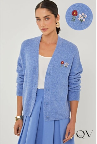 CASACO EM TRICOT PREMIUM BORDADO AZUL - LINDA DE MORRER