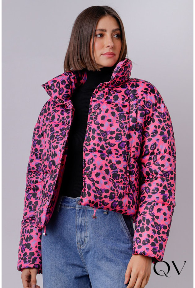 CASACO PUFFER ESTAMPA ANIMAL PRINT PINK - MAMÔ