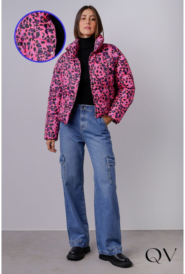 CASACO PUFFER ESTAMPA ANIMAL PRINT PINK - MAMÔ