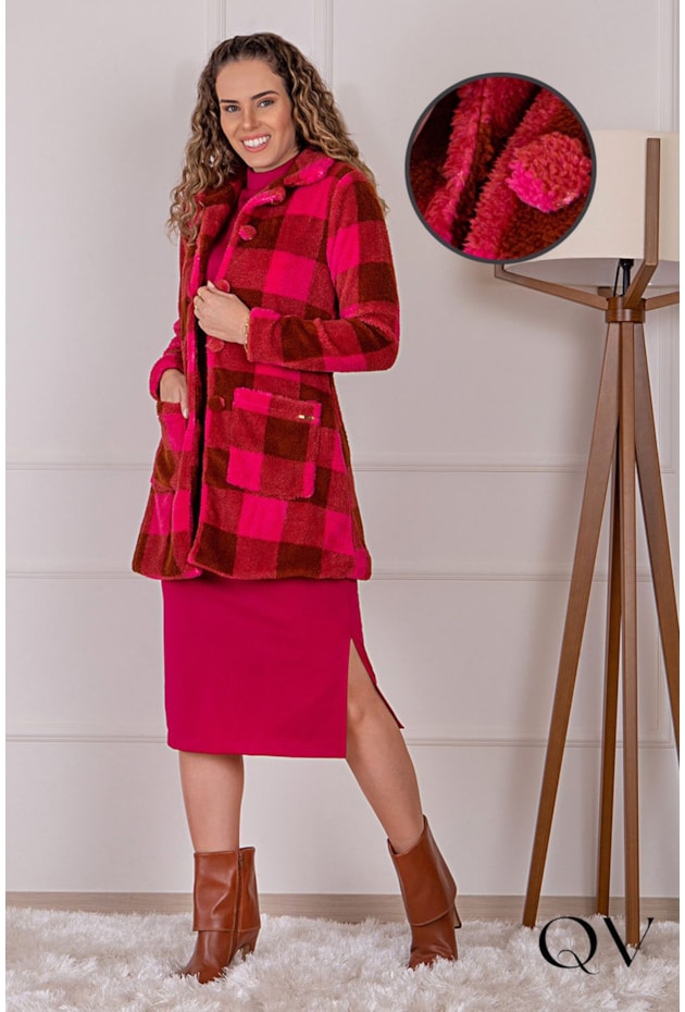 CASACO TECIDO TEDDY XADREZ PINK - PURO SAHRMY CASACO TECIDO TEDDY XADREZ PINK - PURO SAHRMY