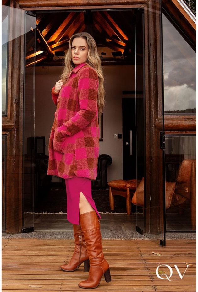 CASACO TECIDO TEDDY XADREZ PINK - PURO SAHRMY CASACO TECIDO TEDDY XADREZ PINK - PURO SAHRMY