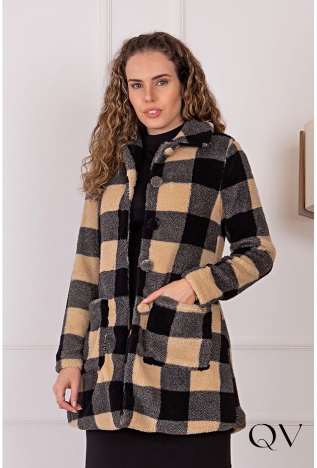 CASACO TECIDO TEDDY XADREZ PRETO - PURO SAHRMY CASACO TECIDO TEDDY XADREZ PRETO - PURO SAHRMY