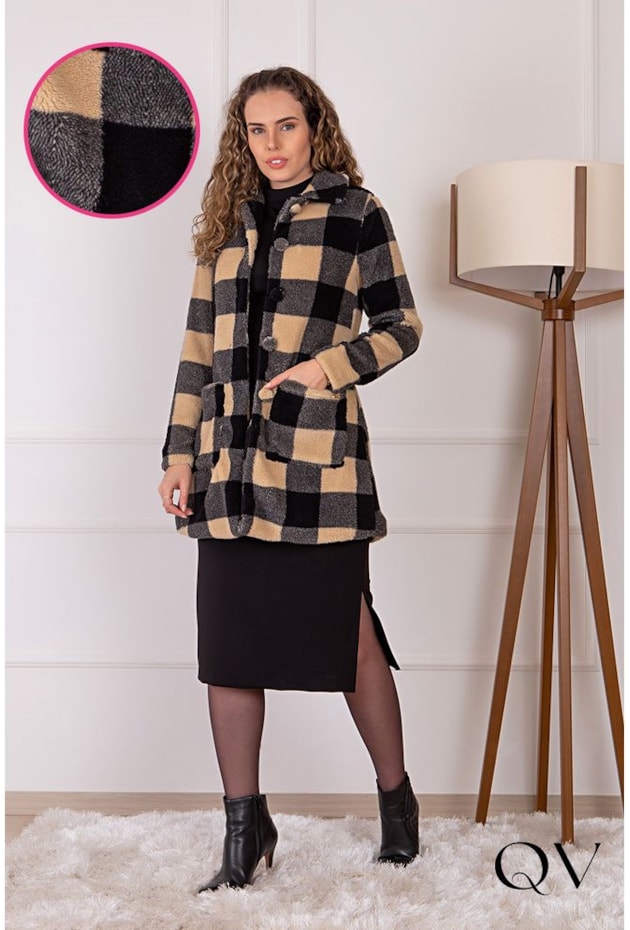 CASACO TECIDO TEDDY XADREZ PRETO - PURO SAHRMY CASACO TECIDO TEDDY XADREZ PRETO - PURO SAHRMY