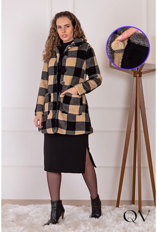 CASACO TECIDO TEDDY XADREZ PRETO - PURO SAHRMY CASACO TECIDO TEDDY XADREZ PRETO - PURO SAHRMY