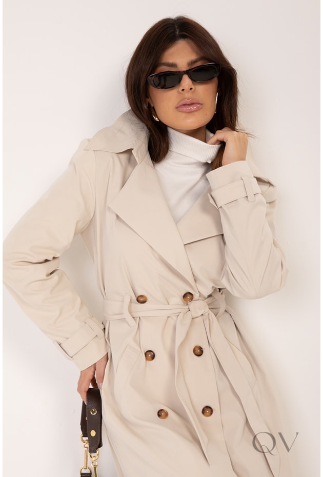 CASACO TRENCH COAT LONGO EM ALFAIATARIA BEGE - LEKAZIS