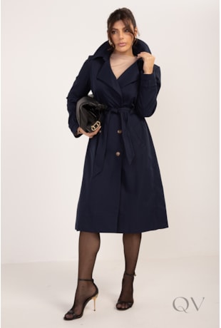 CASACO TRENCH COAT LONGO EM ALFAIATARIA MARINHO - LEKAZIS