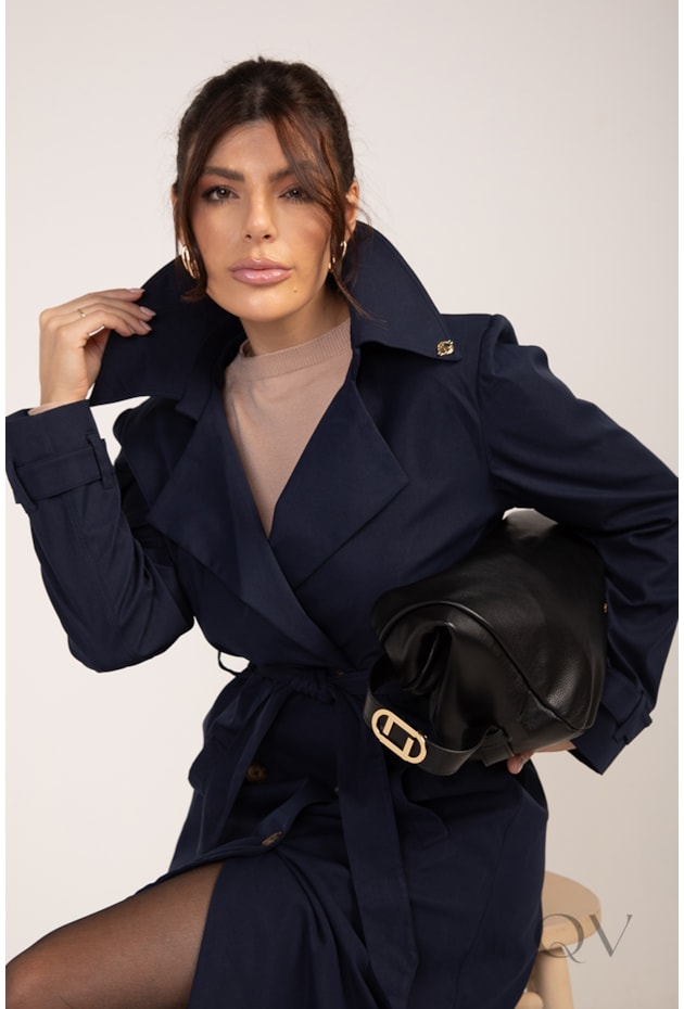 CASACO TRENCH COAT LONGO EM ALFAIATARIA MARINHO - LEKAZIS