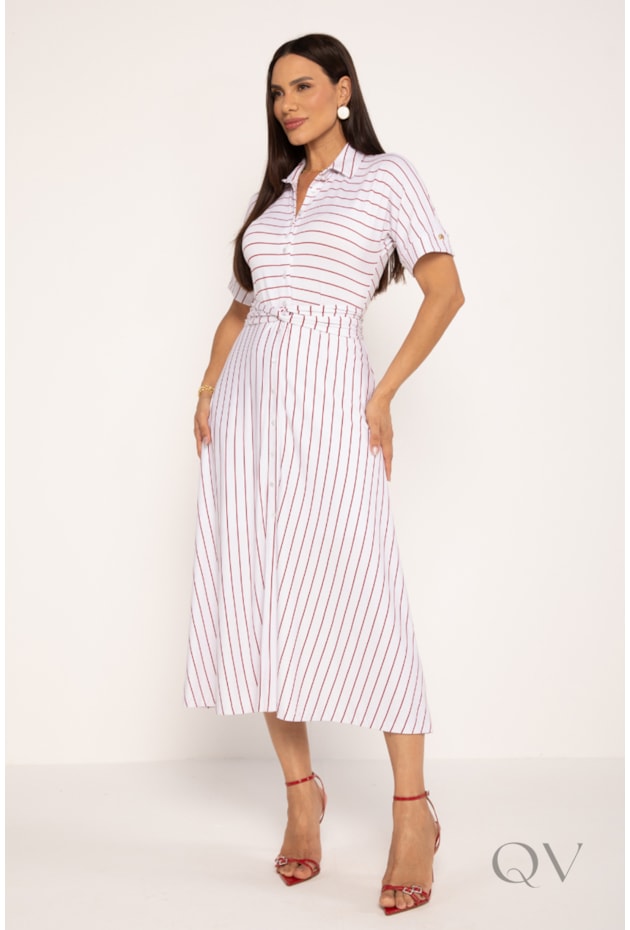 CHEMISE LISTRADO MIDI EM MALHA BRANCO E VERMELHO - LEKAZIS
