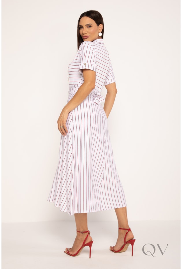 CHEMISE LISTRADO MIDI EM MALHA BRANCO E VERMELHO - LEKAZIS