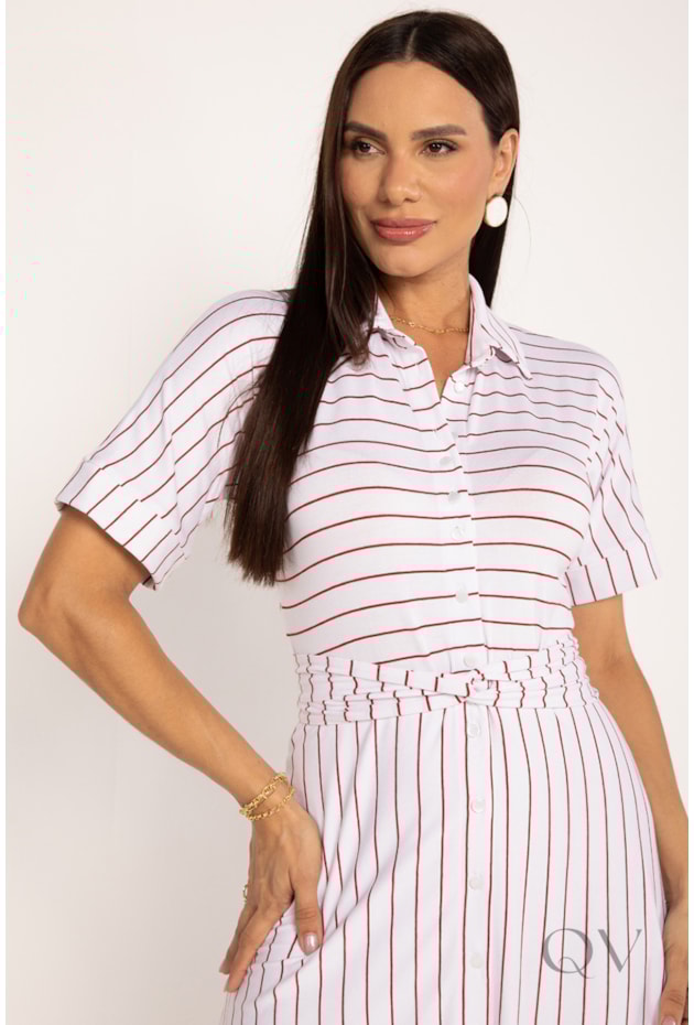CHEMISE LISTRADO MIDI EM VISCOLYCRA BRANCO E VERMELHO - LEKAZIS