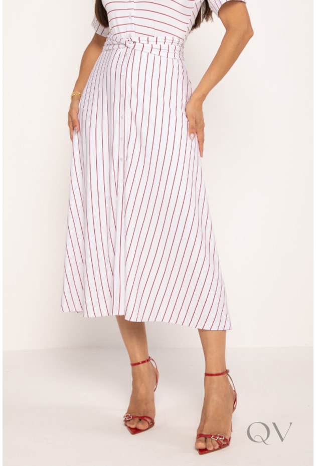 CHEMISE LISTRADO MIDI EM VISCOLYCRA BRANCO E VERMELHO - LEKAZIS