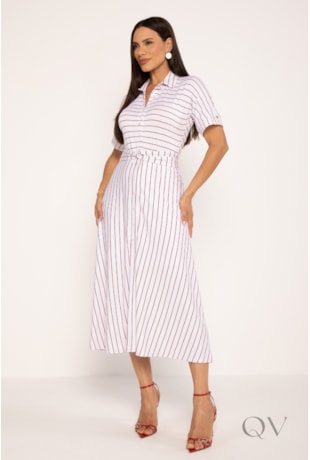 CHEMISE LISTRADO MIDI EM VISCOLYCRA BRANCO E VERMELHO - LEKAZIS