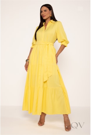 CHEMISE LONGO EM MARIAS EM VISCOSE AMARELO - LEKAZIS