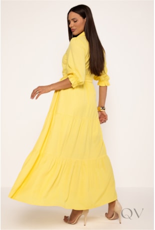 CHEMISE LONGO EM MARIAS EM VISCOSE AMARELO - LEKAZIS