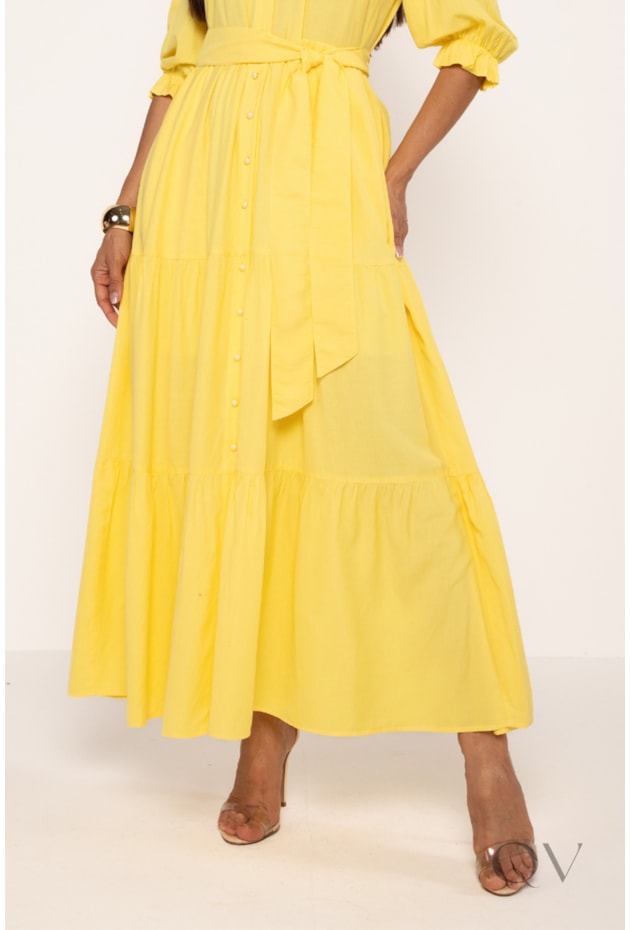 CHEMISE LONGO EM MARIAS EM VISCOSE AMARELO - LEKAZIS