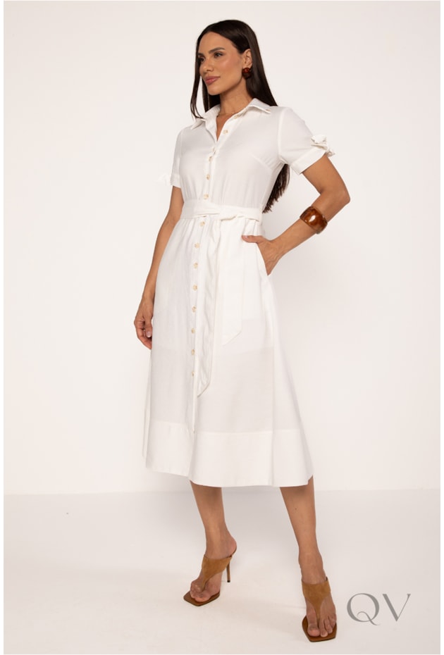 CHEMISE MAXI MIDI EM ALFAIATARIA EM VISCOSE OFF WHITE - LEKAZIS