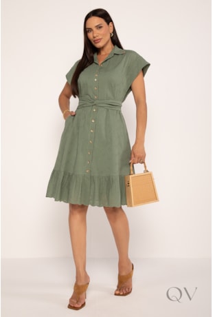 CHEMISE MIDI COM MANGA JAPONESA EM LAISE DE ALGODÃO VERDE MUSGO - LEKAZIS