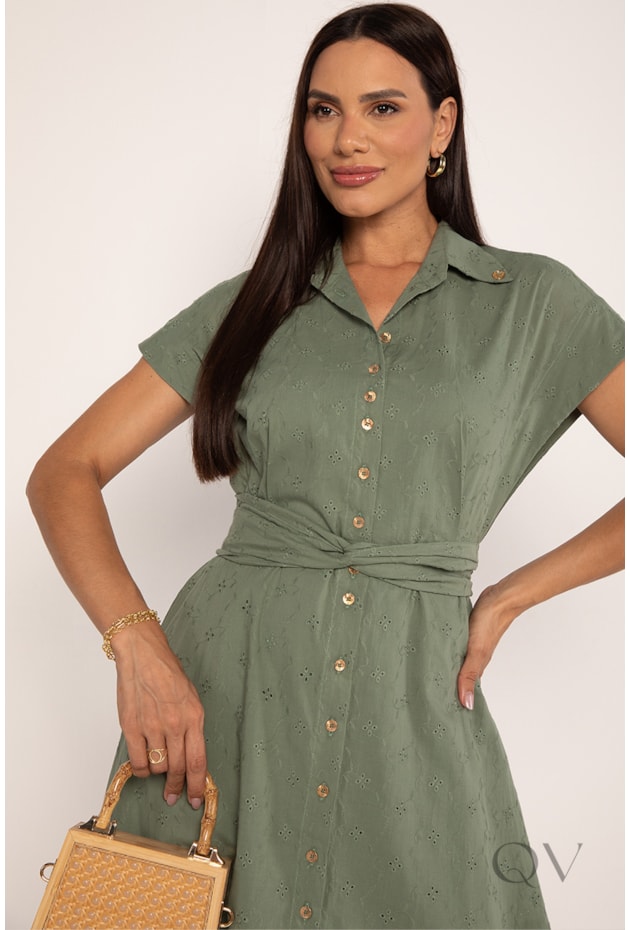 CHEMISE MIDI COM MANGA JAPONESA EM LAISE DE ALGODÃO VERDE MUSGO - LEKAZIS