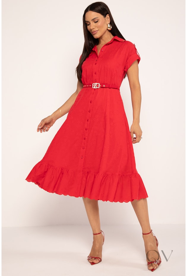 CHEMISE MIDI EM LAISE DE ALGODÃO VERMELHO - LEKAZIS