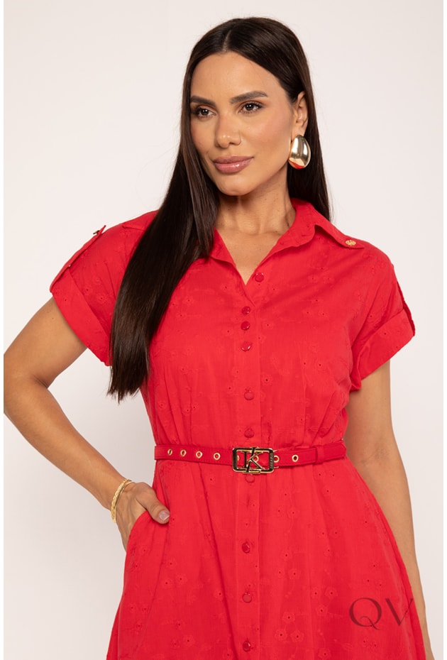 CHEMISE MIDI EM LAISE DE ALGODÃO VERMELHO - LEKAZIS