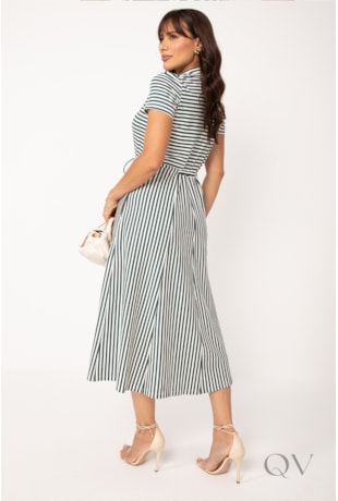 CHEMISE MIDI LISTRADO EM VISCOCREPE VERDE OLIVA - LEKAZIS