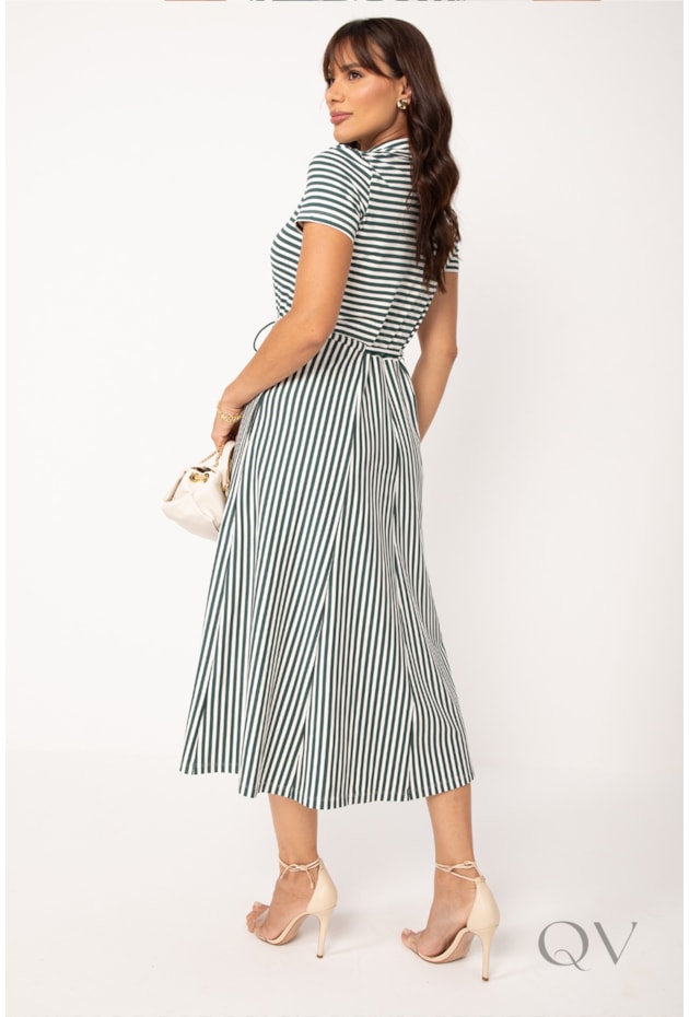 CHEMISE MIDI LISTRADO EM VISCOCREPE VERDE OLIVA - LEKAZIS