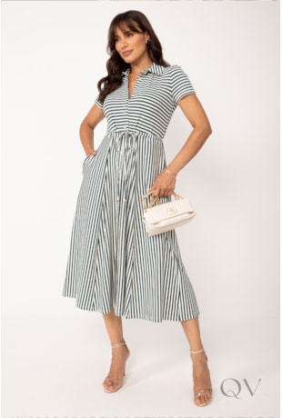 CHEMISE MIDI LISTRADO EM VISCOCREPE VERDE OLIVA - LEKAZIS