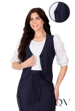 COLETE EM PONTO ROMA RISCA DE GIZ AZUL MARINHO - HAPUK