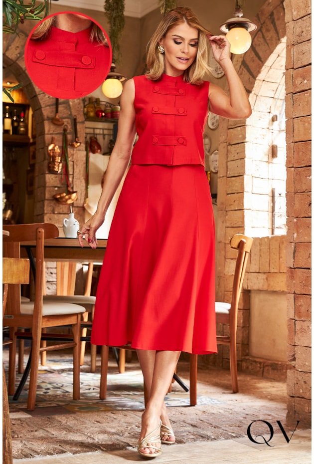 Conjunto Alfaiataria Com Botões Vermelho Luzia Fazzolli QVestido