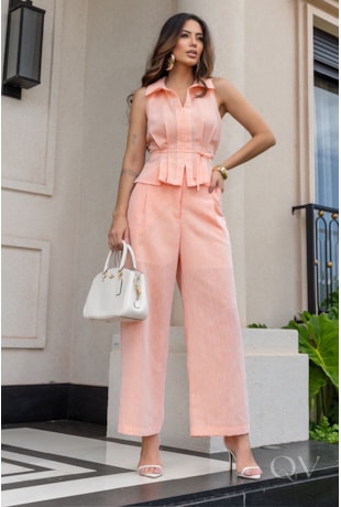 CONJUNTO BLUSA E PANTACOURT EM LINHO LARANJA - LUZIA FAZZOLLI