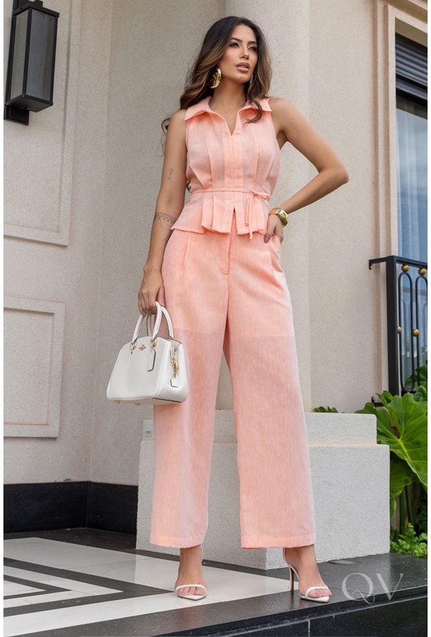 CONJUNTO BLUSA E PANTACOURT EM LINHO LARANJA - LUZIA FAZZOLLI