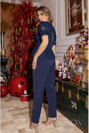 CONJUNTO BORDADO EM ALFAITARIA E VOIL AZUL MARINHO - LUZIA FAZZOLLI