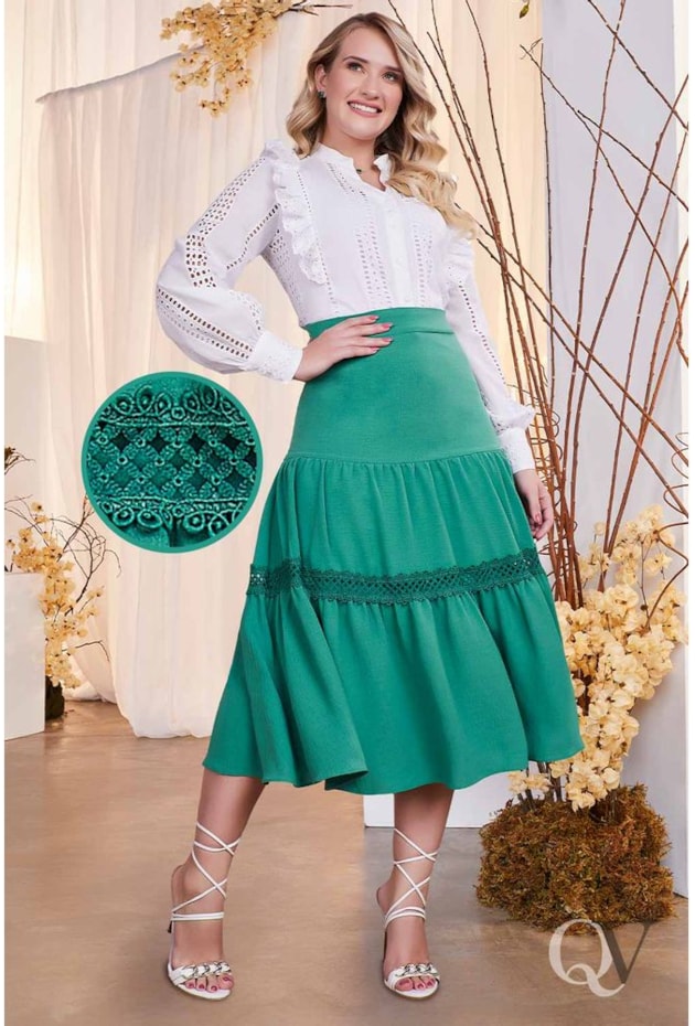 CONJUNTO CAMISA LAISE COM BABADINHOS E SAIA VERDE - FASCÍNIUS CONJUNTO CAMISA LAISE COM BABADINHOS E SAIA VERDE - FASCÍNIUS