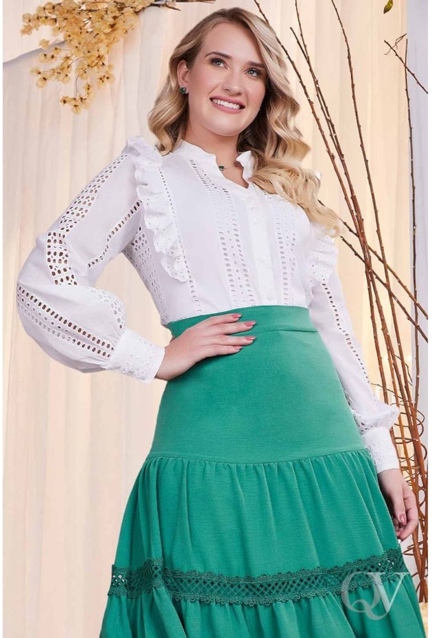 CONJUNTO CAMISA LAISE COM BABADINHOS E SAIA VERDE - FASCÍNIUS