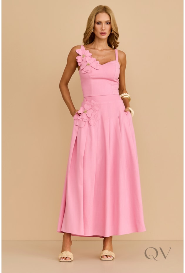 CONJUNTO COM ALÇAS LONGO EM VISCOSE ROSA - ARSTY