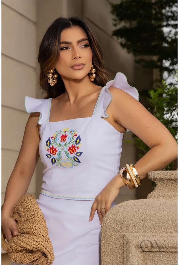 CONJUNTO COM BABADOS EM SARJA BORDADO BRANCO - LUZIA FAZZOLLI