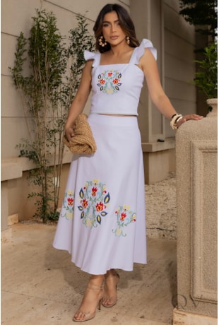 CONJUNTO COM BABADOS EM SARJA BORDADO BRANCO - LUZIA FAZZOLLI